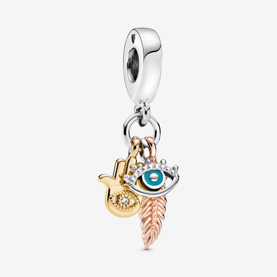 Charm Colgante Espiritualidad Mano De Hamsa, Ojo Que Todo Lo Ve y Pluma