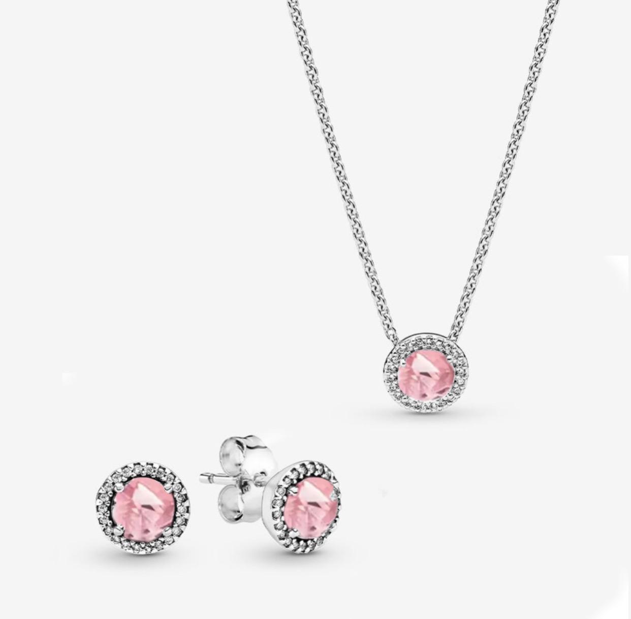 Conjunto en Plata de Ley Elegancia Clasica Rosa(Cadena + Aretes)